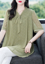 Load image into Gallery viewer, French Green V Neck Lace Up Chiffon Shirt Summer