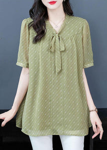 French Green V Neck Lace Up Chiffon Shirt Summer