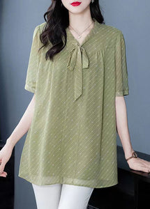 French Green V Neck Lace Up Chiffon Shirt Summer