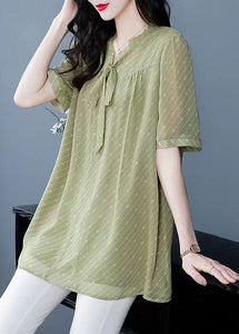 French Green V Neck Lace Up Chiffon Shirt Summer