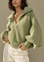 Load image into Gallery viewer, French Green V Neck Patchwork Cotton Knit Sweaters Lantern Sleeve