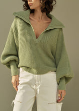 Load image into Gallery viewer, French Green V Neck Patchwork Cotton Knit Sweaters Lantern Sleeve