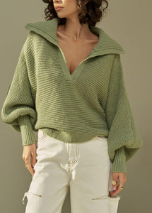 French Green V Neck Patchwork Cotton Knit Sweaters Lantern Sleeve