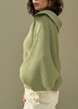 Load image into Gallery viewer, French Green V Neck Patchwork Cotton Knit Sweaters Lantern Sleeve