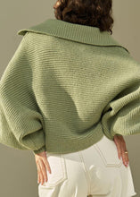 Load image into Gallery viewer, French Green V Neck Patchwork Cotton Knit Sweaters Lantern Sleeve