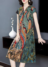 Load image into Gallery viewer, French Green V Neck Print Patchwork Silk Dress Summer