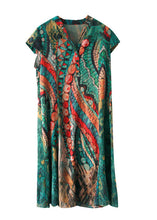 Load image into Gallery viewer, French Green V Neck Print Patchwork Silk Dress Summer