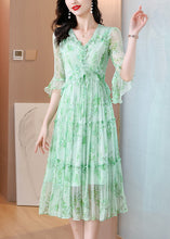 Load image into Gallery viewer, French Green V Neck Ruffled Print Silk Dress Summer