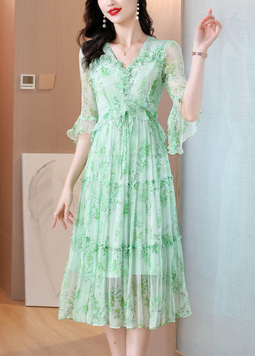 French Green V Neck Ruffled Print Silk Dress Summer