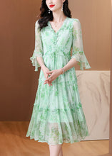 Load image into Gallery viewer, French Green V Neck Ruffled Print Silk Dress Summer