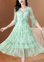 Load image into Gallery viewer, French Green V Neck Ruffled Print Silk Dress Summer