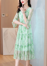 Load image into Gallery viewer, French Green V Neck Ruffled Print Silk Dress Summer