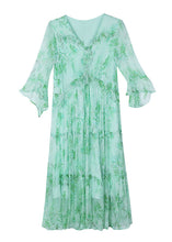 Load image into Gallery viewer, French Green V Neck Ruffled Print Silk Dress Summer