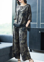 Load image into Gallery viewer, French Grey O-Neck Print Tops And Pants Silk Two Pieces Set Summer