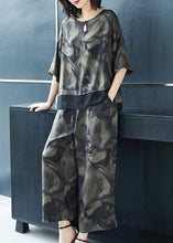 Load image into Gallery viewer, French Grey O-Neck Print Tops And Pants Silk Two Pieces Set Summer