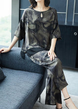 Load image into Gallery viewer, French Grey O-Neck Print Tops And Pants Silk Two Pieces Set Summer