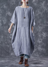 Load image into Gallery viewer, French Grey Oversized Patchwork Linen Dresses Batwing Sleeve