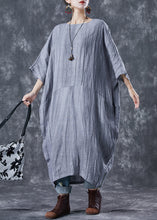 Load image into Gallery viewer, French Grey Oversized Patchwork Linen Dresses Batwing Sleeve