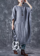 Load image into Gallery viewer, French Grey Oversized Patchwork Linen Dresses Batwing Sleeve