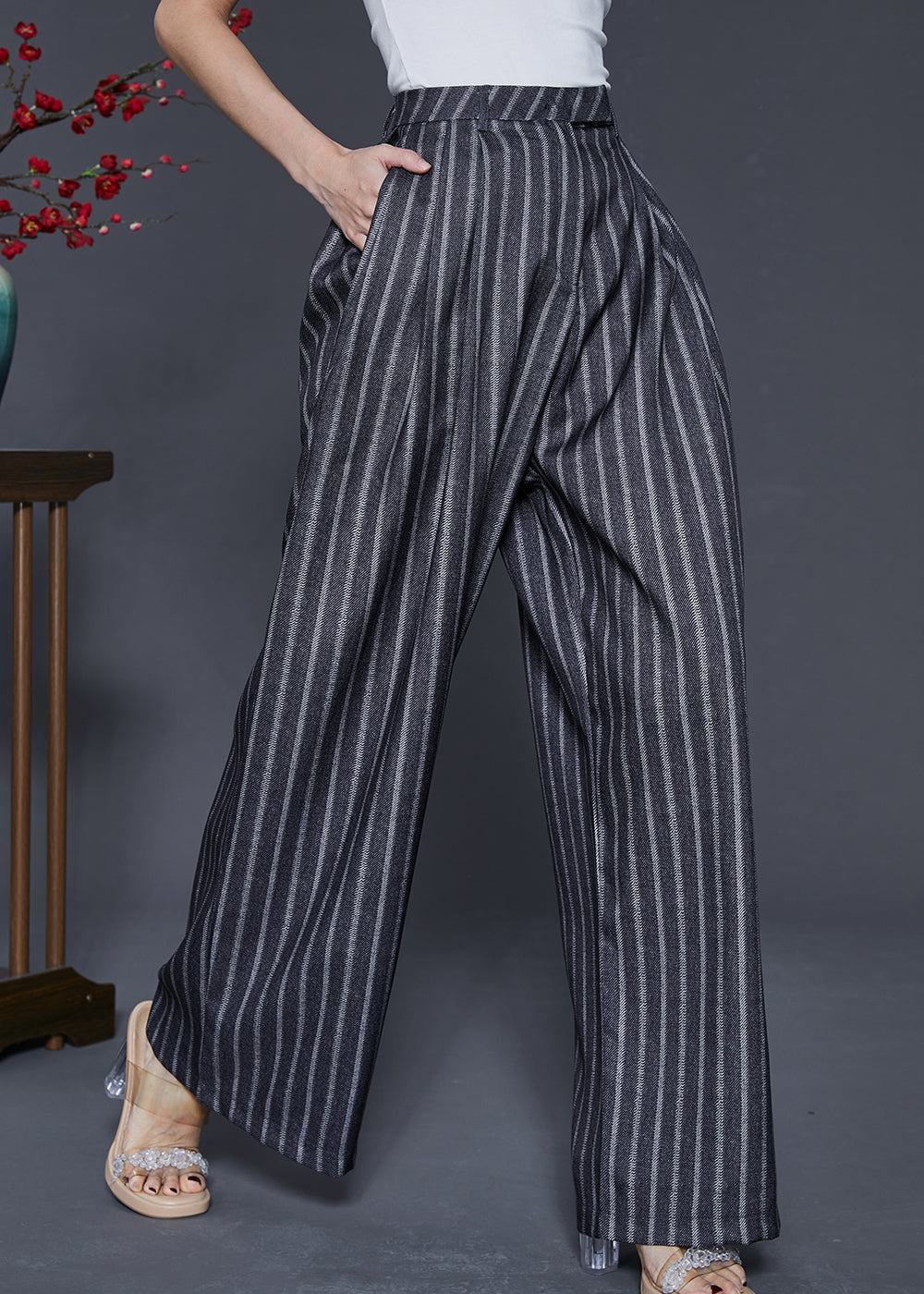 French Grey Oversized Striped Linen Straight Pants Spring