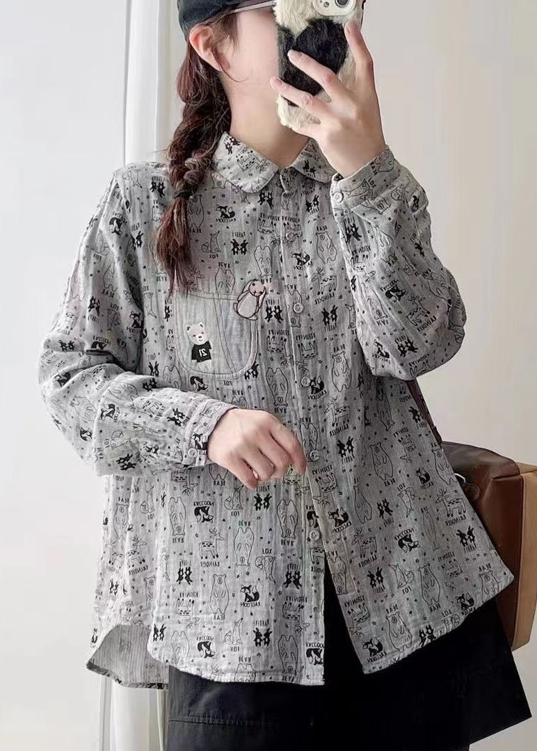 French Grey Peter Pan Collar Button Print Cotton Shirts Spring