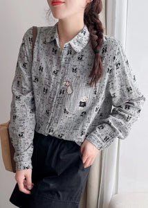 French Grey Peter Pan Collar Button Print Cotton Shirts Spring