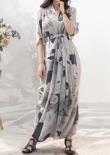 Load image into Gallery viewer, French Grey Print Tie Waist Silk Maxi Dresses Half Sleeve