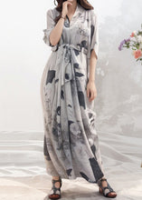 Load image into Gallery viewer, French Grey Print Tie Waist Silk Maxi Dresses Half Sleeve