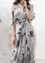 Load image into Gallery viewer, French Grey Print Tie Waist Silk Maxi Dresses Half Sleeve