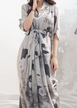 Load image into Gallery viewer, French Grey Print Tie Waist Silk Maxi Dresses Half Sleeve