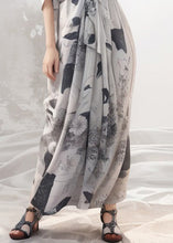 Load image into Gallery viewer, French Grey Print Tie Waist Silk Maxi Dresses Half Sleeve