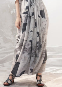 French Grey Print Tie Waist Silk Maxi Dresses Half Sleeve