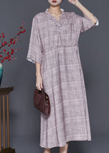 Load image into Gallery viewer, French Grey Ruffled Plaid Drawstring Cotton Long Dress Summer