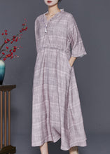 Load image into Gallery viewer, French Grey Ruffled Plaid Drawstring Cotton Long Dress Summer