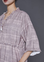 Load image into Gallery viewer, French Grey Ruffled Plaid Drawstring Cotton Long Dress Summer