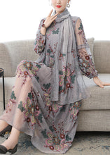 Load image into Gallery viewer, French Grey V Neck Embroidered Wrinkled Tulle Party Maxi Dress Fall