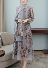 Load image into Gallery viewer, French Grey V Neck Embroidered Wrinkled Tulle Party Maxi Dress Fall