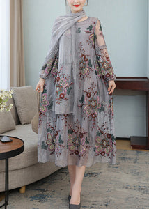 French Grey V Neck Embroidered Wrinkled Tulle Party Maxi Dress Fall