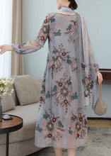 Load image into Gallery viewer, French Grey V Neck Embroidered Wrinkled Tulle Party Maxi Dress Fall