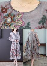 Load image into Gallery viewer, French Grey V Neck Embroidered Wrinkled Tulle Party Maxi Dress Fall