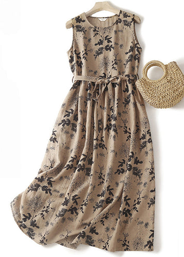 French Khaki O Neck Print Tie Waist Cotton Long Dresses Sleeveless