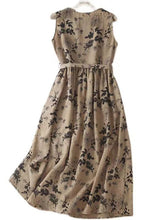 Load image into Gallery viewer, French Khaki O Neck Print Tie Waist Cotton Long Dresses Sleeveless