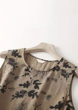 Load image into Gallery viewer, French Khaki O Neck Print Tie Waist Cotton Long Dresses Sleeveless