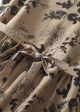 Load image into Gallery viewer, French Khaki O Neck Print Tie Waist Cotton Long Dresses Sleeveless