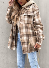 Load image into Gallery viewer, French Khaki Plaid Patchwork Button Hoodie Coat Fall