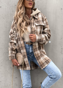 French Khaki Plaid Patchwork Button Hoodie Coat Fall