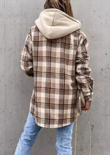 Load image into Gallery viewer, French Khaki Plaid Patchwork Button Hoodie Coat Fall