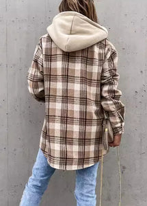 French Khaki Plaid Patchwork Button Hoodie Coat Fall