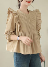 Load image into Gallery viewer, French Khaki Ruffled Patchwork Cotton Shirt Long Sleeve