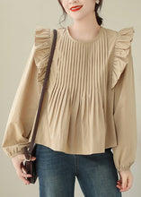 Load image into Gallery viewer, French Khaki Ruffled Patchwork Cotton Shirt Long Sleeve